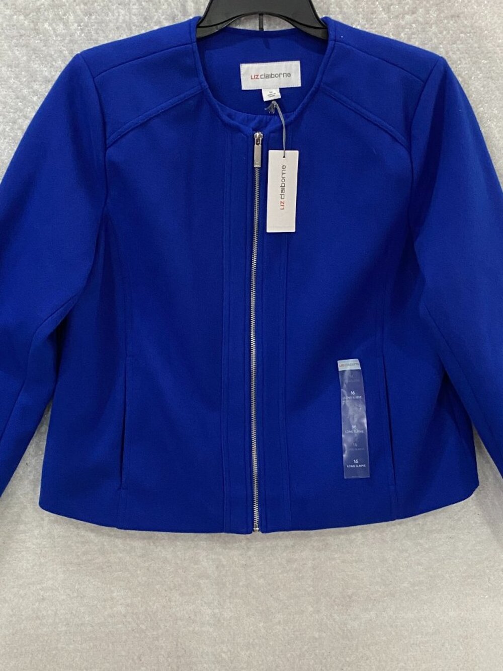 Liz Claiborne Cropped Blue Full Zip Career Jacket Long Sleeve Woman's 16 NEW